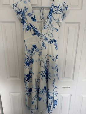 Lulu's White Midi Dress with Blue Floral Print